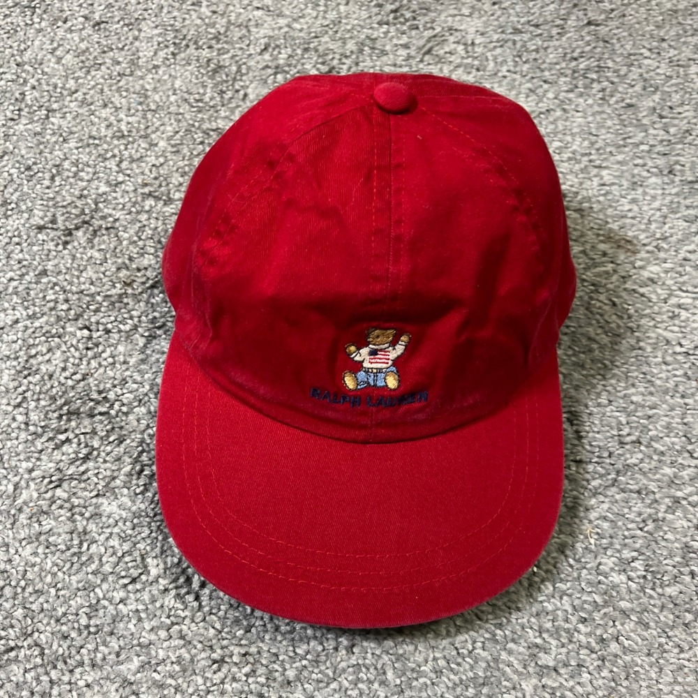 vtg Polo Ralph Lauren Baseball Cap Kids Red Embroidered Polo Bear Hat 90s